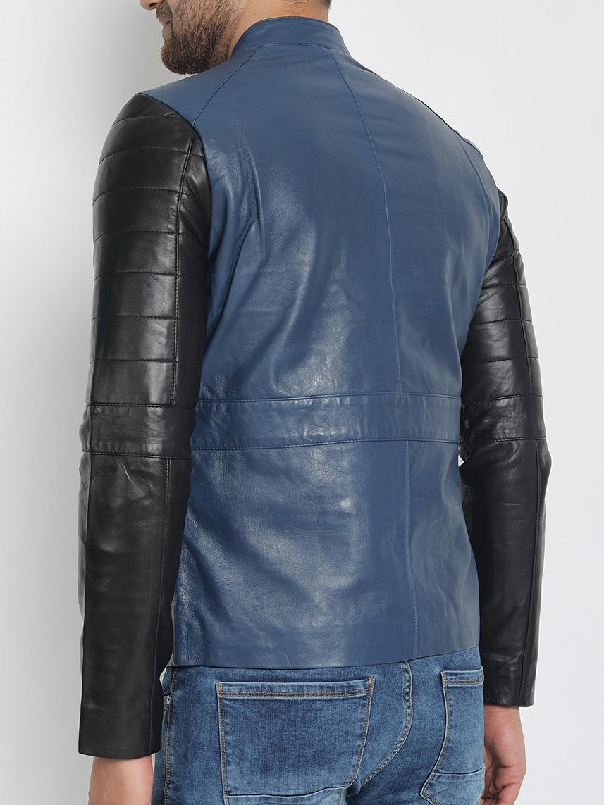 Blau-schwarze leichte Biker-Lederjacke