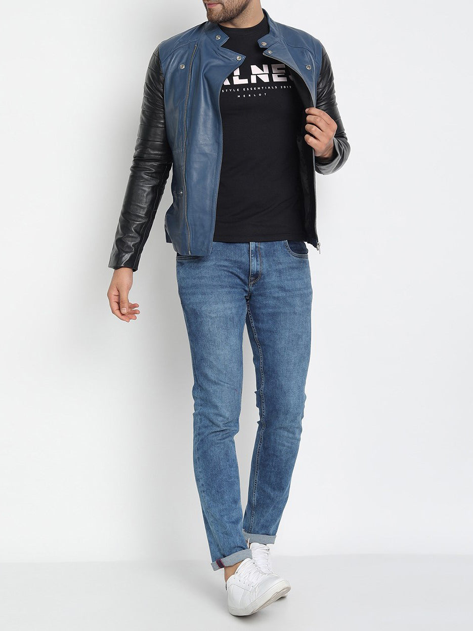 Blau-schwarze leichte Biker-Lederjacke