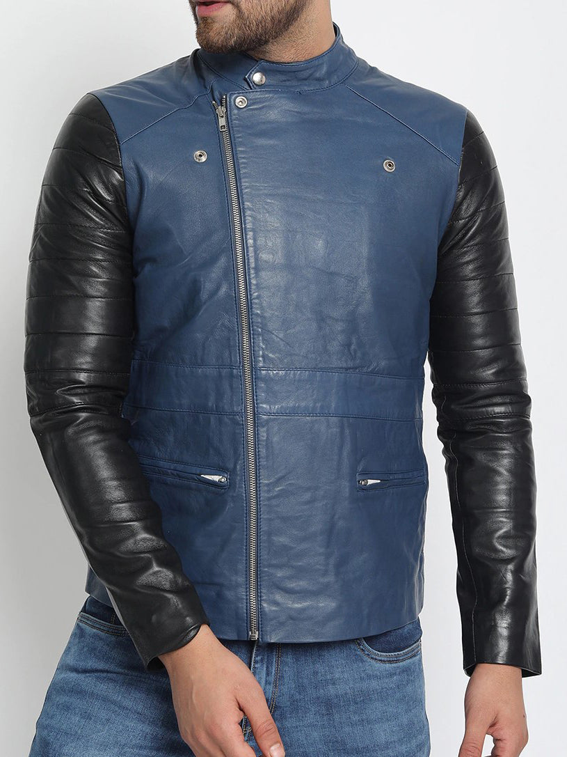 Blau-schwarze leichte Biker-Lederjacke