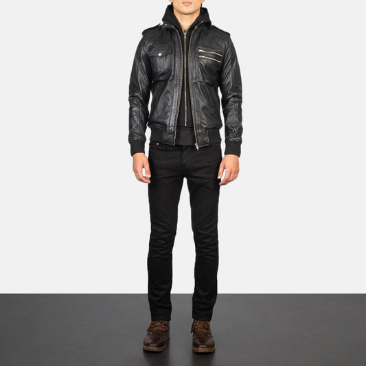 Men’s Bravado Black Hooded Bomber Leather Jacket