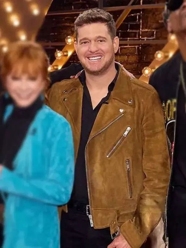 The Voice S28 Michael Bublé Brown Biker Suede Leather Jacket