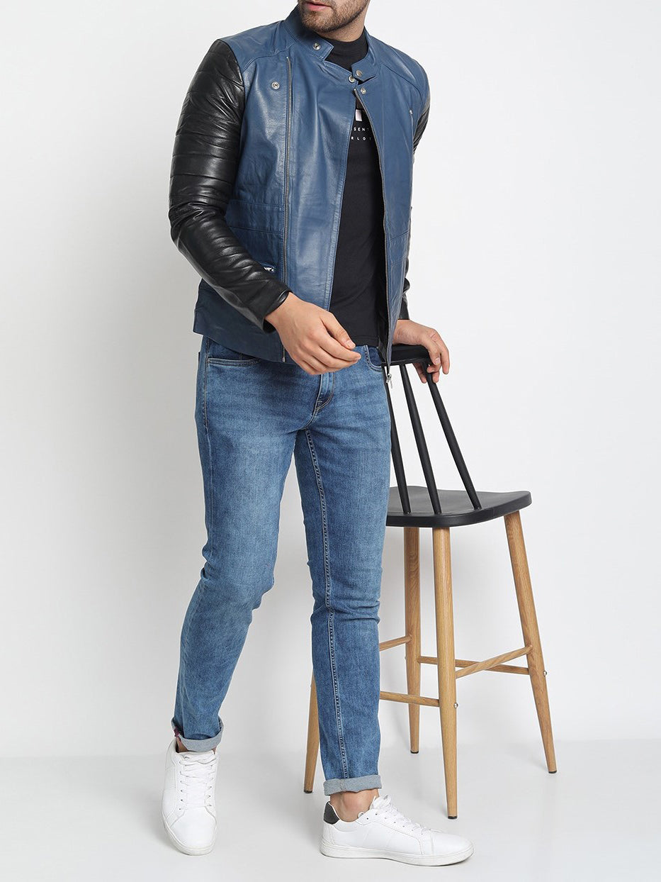 Blau-schwarze leichte Biker-Lederjacke