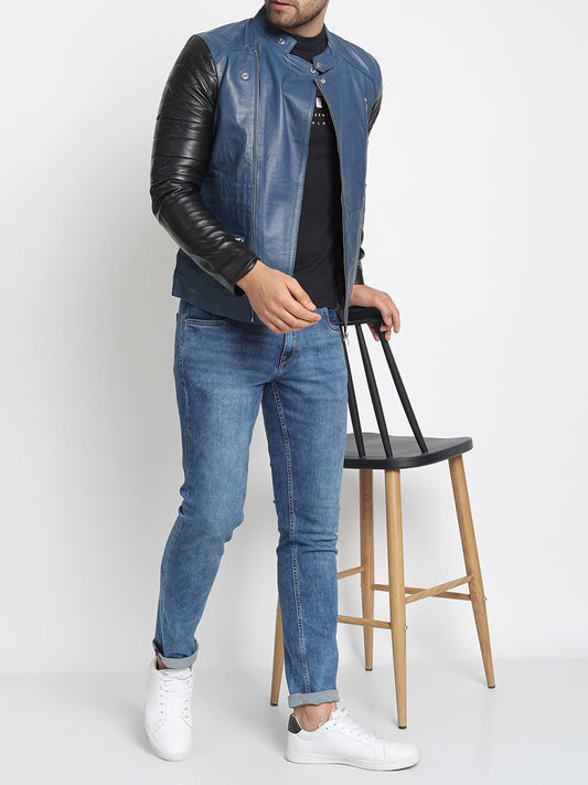 Blau-schwarze leichte Biker-Lederjacke