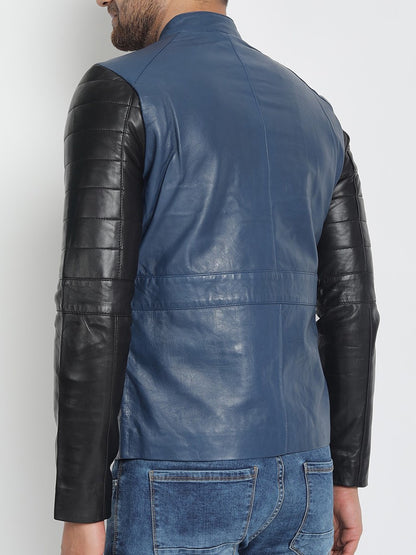Blau-schwarze leichte Biker-Lederjacke