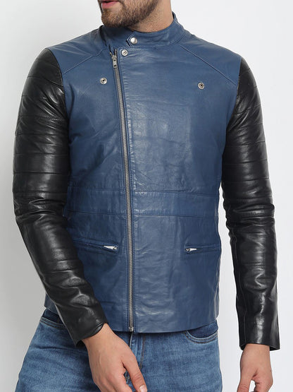Blau-schwarze leichte Biker-Lederjacke