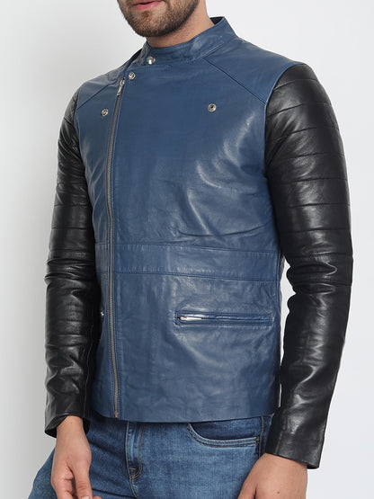 Blau-schwarze leichte Biker-Lederjacke