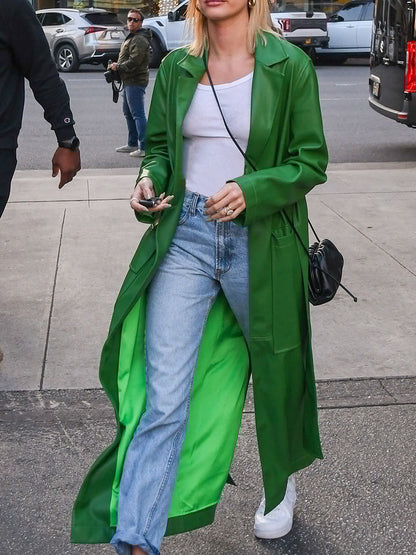 Hailey Bieber Style Green Leather Trench Coat