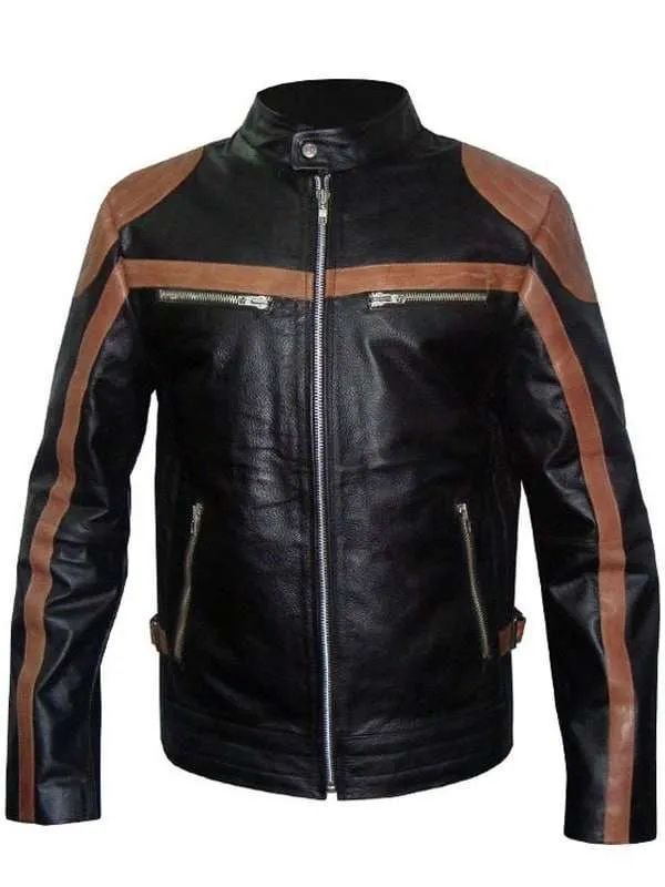 Cafe Racer Men Snap Tab Brown Strip Black Leather Jacket