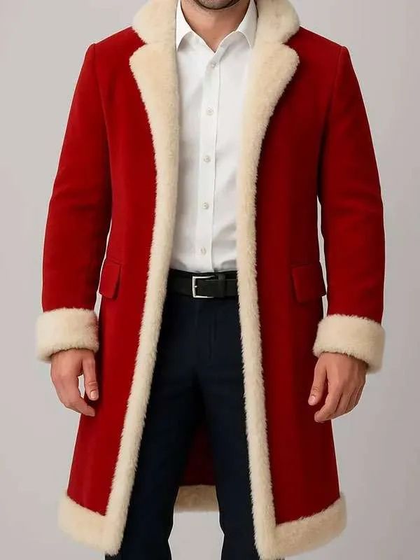Classic Santa Style Red Fur Trim Coat for Men