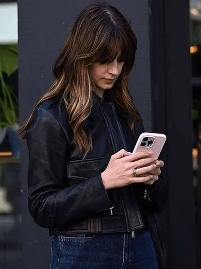 Daisy Edgar-Jones Black Cropped Leather Jacket