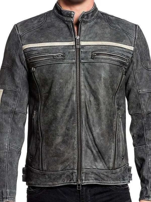 Men’s Distressed Black Leather Cafe Racer Style Jacket