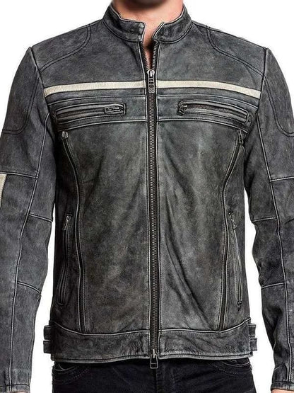Men’s Distressed Black Leather Cafe Racer Style Jacket