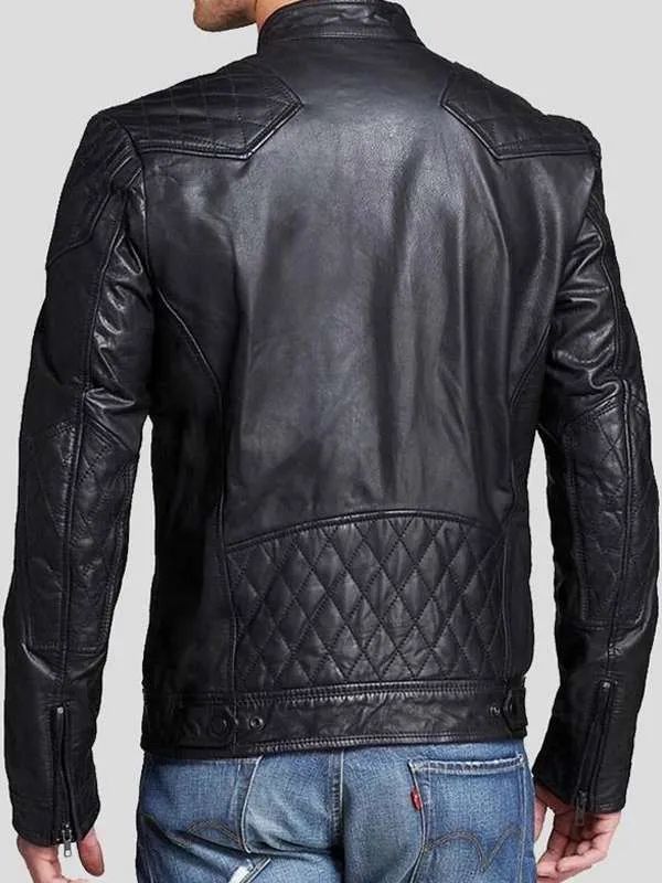 Men Snap Tab Black Quilted Real Leather Jacket