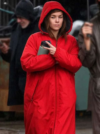 Milly Alcock New York City Red Hooded Coat
