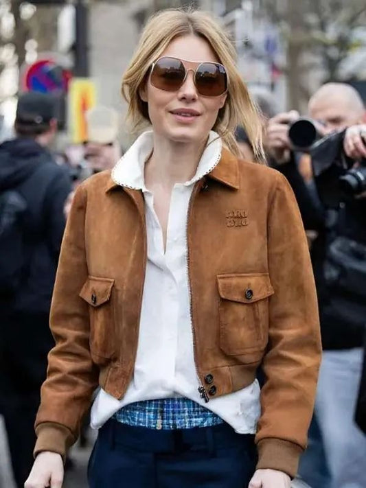 Paris Fashion Week Camille Rowe Brown Suede Leather Jacket