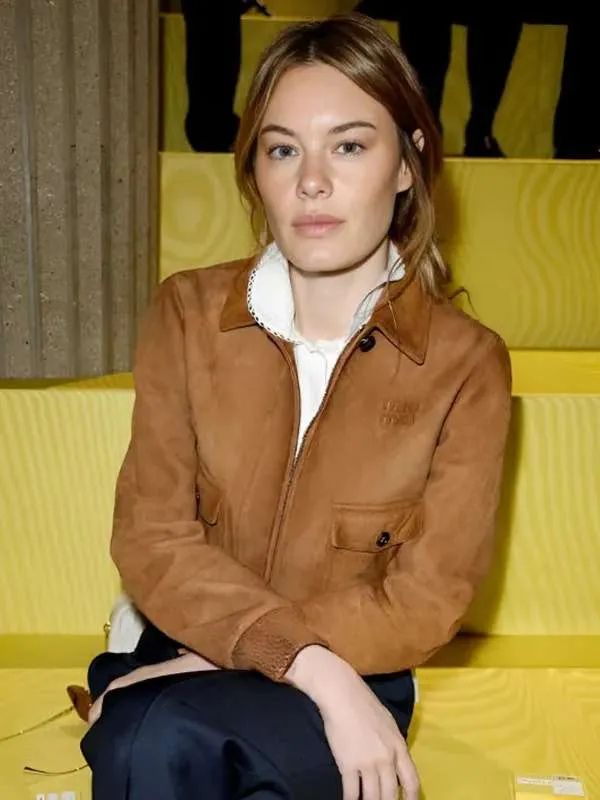 Paris Fashion Week Camille Rowe Brown Suede Leather Jacket
