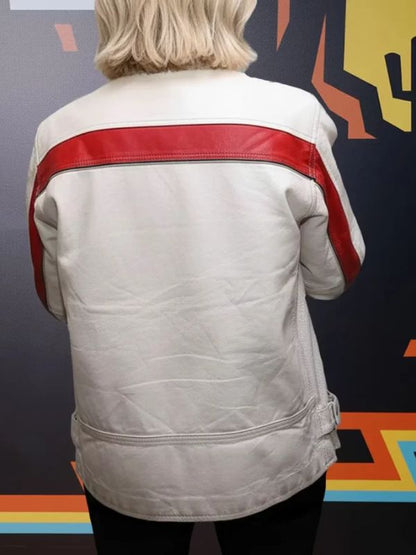 Racing Championship Sydney Sweeney White and Red Cafe Racer Leather Jacket